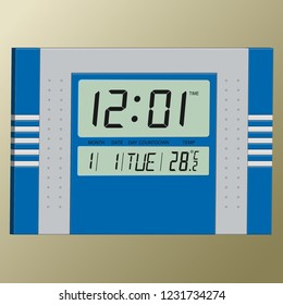 3D vector drawing. Electronic clock isolated on a golden background.