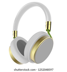 3D vector drawing. Wireless headphones with gold trim isolated on white background.