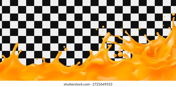 3D vector dynamic orange juice splash wave across bottom border Realistic 3D liquid flow with droplets Isolated on transparent background for beverage advertising