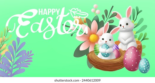 3D Vector Easter banner with rabbits and beautiful painted eggs on background.Greetings and presents for Easter Day Concept of Easter egg hunt or egg decorating art