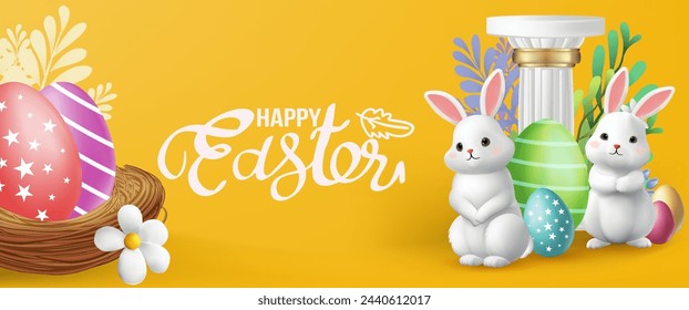 3D Vector Easter banner with rabbits and beautiful painted eggs on background.Greetings and presents for Easter Day Concept of Easter egg hunt or egg decorating art