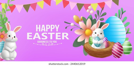3D Vector Easter banner with rabbits and beautiful painted eggs on background.Greetings and presents for Easter Day Concept of Easter egg hunt or egg decorating art