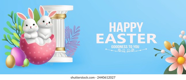 3D Vector Easter banner with rabbits and beautiful painted eggs on background.Greetings and presents for Easter Day Concept of Easter egg hunt or egg decorating art