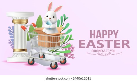 3D Vector Easter banner Sale poster with rabbits and beautiful painted eggs on background.Greetings and presents for Easter Day Concept of Easter egg hunt or egg decorating art