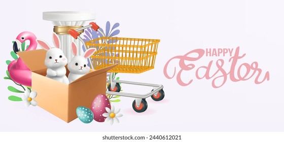 3D Vector Easter banner Sale poster with rabbits and beautiful painted eggs on background.Greetings and presents for Easter Day Concept of Easter egg hunt or egg decorating art