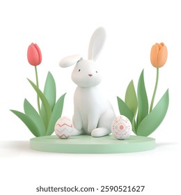 A 3D Vector of an Easter scene featuring a white bunny, decorated eggs, and tulips on a white background. This cheerful illustration is ideal for Easter greetings, invitations.