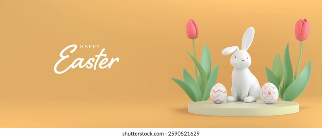 A 3D Vector of an Easter scene featuring a white bunny, decorated eggs, and tulips on a pastel. This cheerful illustration is ideal for Easter greetings, invitations, or festive seasonal decorations.