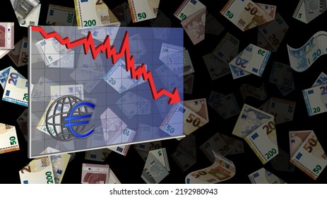 3d vector economic graph of the fall of the European currency, a red arrow and a symbol on the background of curved paper banknotes of 5, 10, 20, 50 and 200 euros falling into a darkness