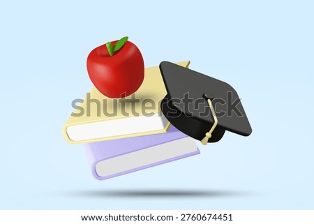 3d vector of educational composition with floating red apple on stacked books and graduation cap on blue background, concept of back to school, learning success, knowledge and academic degree.