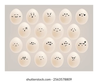3D Vector Egg Character Set in Kawaii Cartoon Style. Egg with Different Faces and Emotions. Vector Illustration. Cute White Eggs 