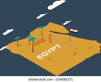 3D Vector Egyptian Map with Pyramids of Giza and The Egyptian Flag