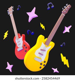 3d vector electric guitars, lightning, stars and musical notes around. Rock, festival, music lessons banner design concept.