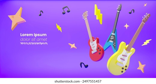 3d vector electric guitars on a purple background, lightning, stars and musical notes around. Rock, festival, music lessons banner design.