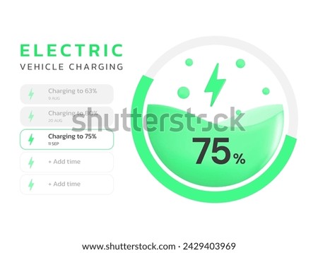 3D Vector Electric Vehicle battery charging display status with EV charger Station clean interface illustration design concept. EV car battery charging dashboard Modern 3d illustration Idea Concept.