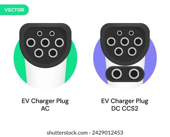 3D Vector Electric Vehicle Charger plug type AC connector, DC connector CCS2 icons symbols illustration design concept. EV Charging Standard and Connector Plug Type 3d vector for ev car, ui, website.