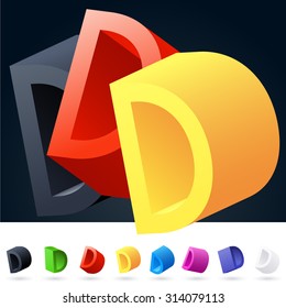 3D vector elegant alphabet of randomly rotated thin grace symbols. All symbols in set have 8 random points of view. Letter D