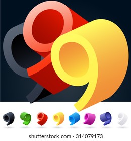 3D vector elegant alphabet of randomly rotated thin grace symbols. All symbols in set have 8 random points of view. Number 9