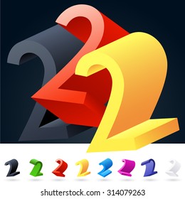 3D vector elegant alphabet of randomly rotated thin grace symbols. All symbols in set have 8 random points of view. Number 2