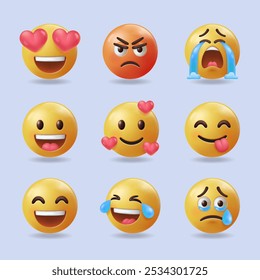 Emoticono de Vector 3D, llorar sonrisa feliz enojada llorar amor risa, ícono y símbolo