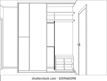 3D vector. Empty small wardrobe with sliding doors in the room. Functional cupboard. Chair hidden in the closet.Home Interior Design Software Programs.Project management. Lines, projection.