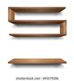 3d Vector Empty Wooden Wood Shelf Shelves Isolated on Wall Background. Vector illustration.