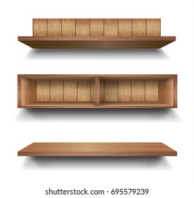 3d Vector Empty Wooden Wood Shelf Shelves Isolated on Wall Background. Vector illustration.