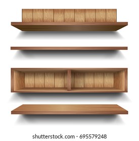 3d Vector Empty Wooden Wood Shelf Shelves Isolated on Wall Background. Vector illustration.