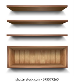 3d Vector Empty Wooden Wood Shelf Shelves Isolated on Wall Background. Vector illustration.