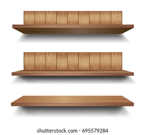 3d Vector Empty Wooden Wood Shelf Shelves Isolated on Wall Background. Vector illustration.