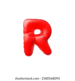 3D vector of the English letter R, red in the shape of a balloon. Volumetric realistic figure. Alphabet. Glossy effect. Holiday and decoration. Isolated background. Cartoon style. Illustration.