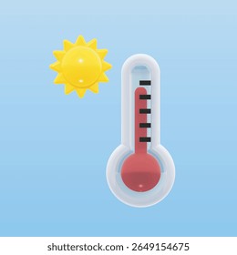 Vetor 3D EPS: um sol amarelo brilhante emparelhado com um termômetro vermelho, simbolizando o clima quente ou altas temperaturas. O design brilhante e moderno torna ideal para previsões do tempo, aplicativos, promoções de verão.