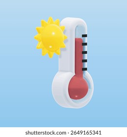 3D vector EPS: a bright yellow sun paired with a red thermometer in side view, symbolizing hot and warm weather. The glossy, modern design makes it ideal for weather forecasts, apps, summer promotions