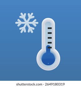 3D vector EPS. Snowflake paired with a blue thermometer, symbolizing cold weather or frosty temperatures. The glossy, modern design makes it ideal for weather forecasts, apps, winter promotions.