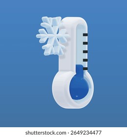 3D vector EPS: a snowflake paired with a blue thermometer in side view, symbolizing cold and icy weather. The glossy, modern design makes it ideal for weather forecasts, apps, winter promotions.
