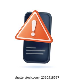 3D vector error notification, bug message on mobile phone with stop icon. no entry, problem, fail warning on application, alert for todo checklist. 3d alert icon vector render illustration