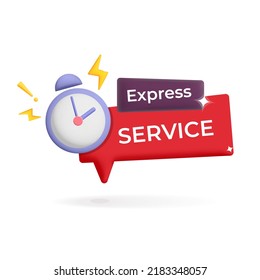 3d vector express service red label with ringing violet alarm clock symbol design. Timer and express delivery, fast solution, urgent custom support, help concept illustration. 