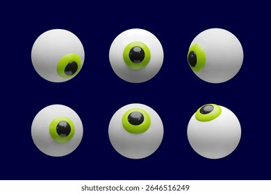 3d vector eyeball set. Three-dimensional collection illustration eye vision. Anatomy design concept. Optical iris, retina graphic icon. Halloween symbol of sphere. Science about health human vision