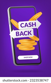 3D vector featuring a cashback concept on a mobile app interface. Perfect for advertising, banners, and online businesses. Illustration of a smartphone symbolizing convenient cashback transactions