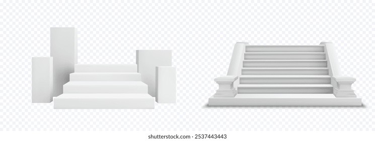 3D-Vektor mit zwei Treppenhäusern mit sauberen, minimalistischen Linien in modernen und klassischen Stilen. Ideal für Produktpräsentation, architektonische Visualisierung und Innenarchitektur.