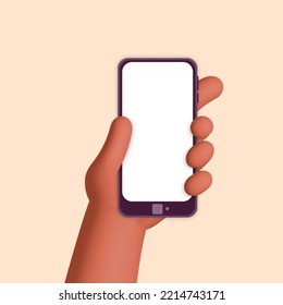 3d vector Female african black hand holds smartphone with empty white screen mockup web banner design. Realistic render social network, mobile application, social media, digital marketing, ad.