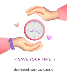 3d vector female hand holding alarm clock timer symbol with heart shape icon design. Save your time hand and circle clock symbol template for graphic and web design.