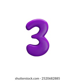 3D vector figure 3 made of purple plasticine. A playful cartoon style for children's themes, education or birthday celebrations on a white background.