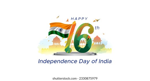 3d archivo vectorial de 76 años, concepto del Día de la Independencia de la India. Fuerte Rojo con fondo patriótico y bandera tricolor. 15 de agosto, Libertad y celebración del aniversario.