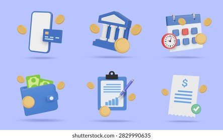 3d vector finance icon set with bank building, phone payment, calendar, wallet, report clipboard and paid invoice receipt for banking concept (Non-AI: 3D Render Ref - Manual Vector)