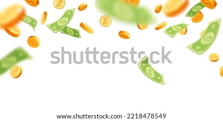 3d vector floating in the air gold rain coins and green dollar paper currency banner design. Realistic render falling down or explosion money. Casino, jack pot, gold mine wealth, cash back concept.