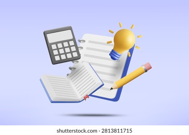 3d vector floating blank notebook with yellow pencil, glowing lightbulb, open book and calculator on purple background for education learning ideas (Non-AI: 3D Render Ref - Manual Vector)