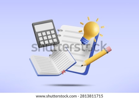 3d vector floating blank notebook with yellow pencil, glowing lightbulb, open book and calculator on purple background for education learning ideas (Non-AI: 3D Render Ref - Manual Vector)