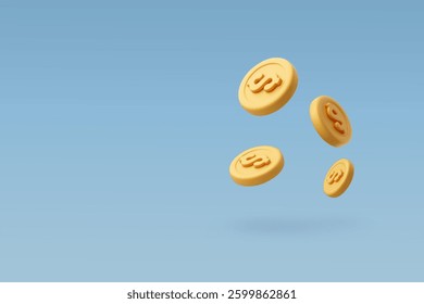 3D Vector floating gold coins with embossed currency symbols on a soft blue background. Represents wealth, financial growth eps