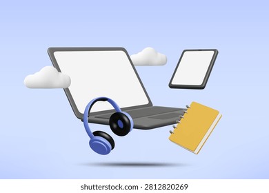 3d vector floating workspace icons with laptop, tablet, yellow notebook, blue headphones and clouds for online education remote work concept (Non-AI: 3D Render Ref - Manual Vector)