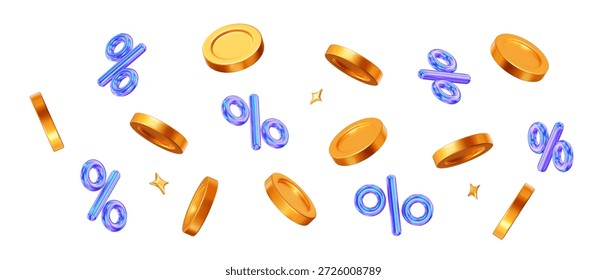 3d vector flying gold shiny coins with blue neon percent discount. For promotion, marketing and advertising in social networks. Stock vector illustration on isolated background.	
